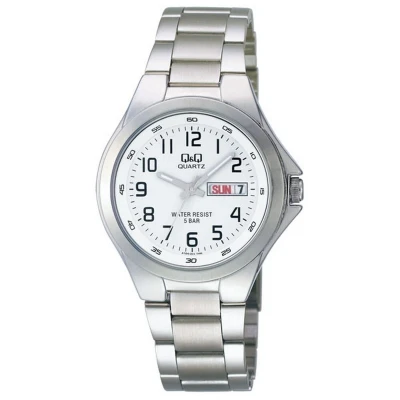 Afbeelding van Q&amp;Q A164J204Y Horloge Analoog Mannen Heren stalen band Rond Staal Cijfers Datumaanduiding Zilverkleurig