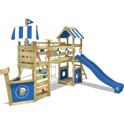 Afbeelding van WICKEY speeltoestel klimtoestel StormFlyer met schommel &amp; blauwe glijbaan, outdoor kinderklimtoren zandbak, ladder speelaccessoires voor de tuin