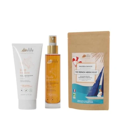 Afbeelding van Daylily Set 1e trimester Rituele fondant melk striae ochtend 200 ml + sensorische olie avond infusie tegen misselijkheid 60 g hydrateert en verlicht veganistisch dierproefvrij