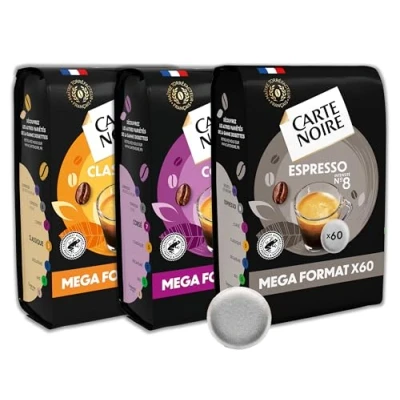 Afbeelding van CARTE NOIRE Koffiepads van zachte pads, klassiek assortiment nr. 5/Corsé 7/espresso 8, Rainforest Alliance gecertificeerd, 3 verpakkingen met elk 60 compatibel Senseo (180