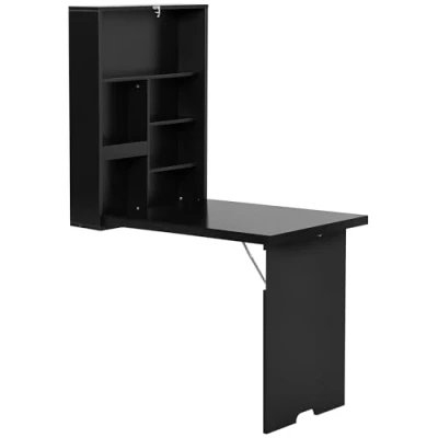Afbeelding van HOMCOM Wandbureau, opvouwbaar, wandtafel, inklapbaar, om op te hangen, standaard + geïntegreerd krijtbord, MDF, zwart