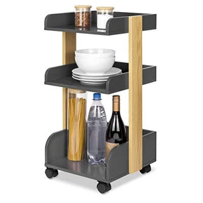 Afbeelding van Bomoe Bosse FSC® Houten Keukentrolley op 4 Vastzetbare Wielen &amp; 3 Etages Serveerwagen 32x35x69cm Antraciet Eik voor Badkamer Kantoor