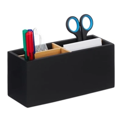Afbeelding van Relaxdays pennenbak zwart bamboe bureau organizer 4 vakken pennenhouder groot