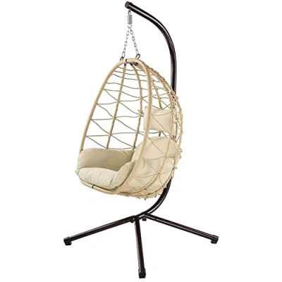 Afbeelding van Bakaji Tuinhangstoel, schommelstoel hangmat outdoor metalen frame rotan nest en touw + gevoerd kussen hoofdsteun modern design 198 x 110 95 cm (beige)
