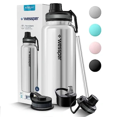 Afbeelding van Wessper Thermische drinkfles van roestvrij staal, 1 l, lekvrij, thermosfles, BPA vrij, met 3 deksels, elegante zilveren sportfles, thermosfles voor kinderen, volwassenen, camping