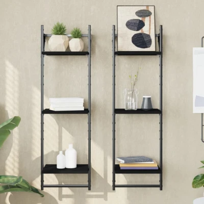 Afbeelding van Wandschappen 3 laags met stangen 2 st 30x25x100 cm zwart