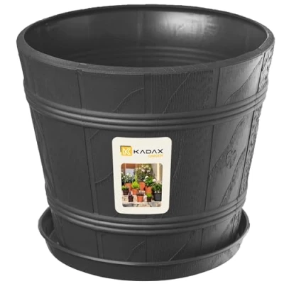 Afbeelding van KADAX Bloempot, bloempot met onderzetter, plantenpot voor binnen en buiten, houtlook, weerbestendige sierpot van kunststof, bloemen, tuin, balkon, Ø 34 cm, grafiet