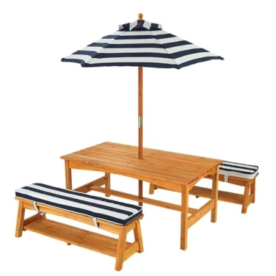 Afbeelding van KidKraft Houten Kinder buitentafel en bankjes set marineblauw/hout
