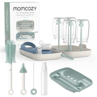 Afbeelding van Momcozy Siliconen flessenborstel, reisreinigingsset met speenborstel + wattenstaafje opbergdoos, geïntegreerde drooghouder, klaar voor babyuitstapjes