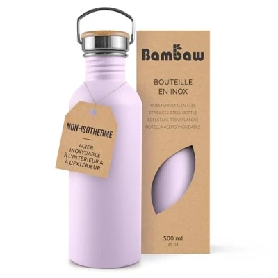 Afbeelding van Bambaw® Waterfles 500 ml Enkelwandige drinkfles RVS Niet Geïsoleerd Lekvrij, en Plasticvrij met Bamboe Dop Water Fles Perfect voor Reizen, Werk, Yoga, Wandelen Dagelijks Gebruik violet
