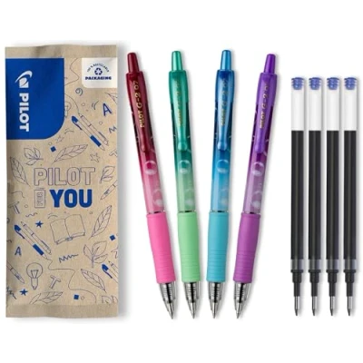 Afbeelding van PILOT Set van 4 G2 Bubble + navullingen Intrekbare en navulbare gel rollerball pennen Uitstekend schrijfcomfort Gekleurde body (paars, groen, turquoise, bordeaux) Blauwe inkt Punt