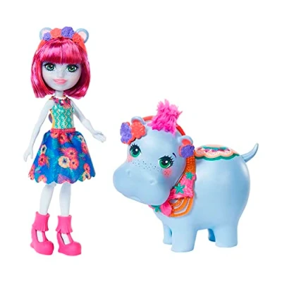 Afbeelding van Enchantimals Hedda Nijlpaard minipop en Lake dierfiguur met roze kort haar stoffen rok patroon, kinderspeelgoed, GFN56