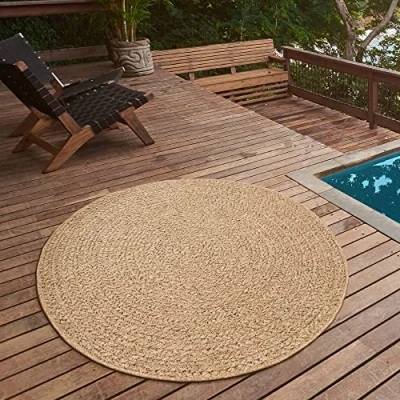 Afbeelding van the carpet Kansas Tapijt voor binnen en buiten, robuust met natuurlijke jute look, weerbestendig, geschikt terrassen tuinen, rond, 120 cm
