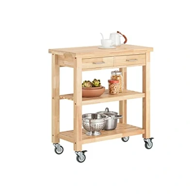 Afbeelding van SoBuy® FKW24 N Keukenwagen van rubberhout, keuken, trolley, rolwagen met twee legplanken, 80 x 40 90 cm (l d h)