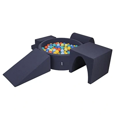 Afbeelding van KiddyMoon Schuim speelplaats met rond ballenbad (200 ballen), kinderballenbakken, speelgoed, obstakelbaan, gemaakt in de EU, donkerblauw: licht groen/oranje/turquoise/blauw/babyblauw/geel