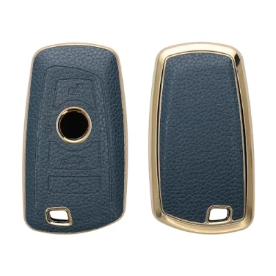 Afbeelding van kwmobile Sleutelhoesje van leer geschikt voor BMW 3 knops draadloze autosleutel (alleen Keyless Go) sleutelcover in donkerblauw / goud