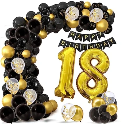 Afbeelding van envami® verjaardagsdecoratie voor 18e verjaardag zwart en goud 18 jaar meisjes jongens ballonnen decoratie