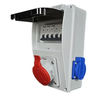 Afbeelding van RoadEu Stroomverdeler 16A stopcontact 5P 2x 230V Bouwstroomverdeler met C stroomonderbreker CEE verdeler IP44 waterdichte buitenstroomverdeler