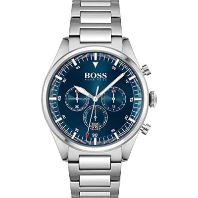 Afbeelding van BOSS Herenhorloge chronograaf kwarts met zilverkleurige roestvrijstalen armband 1513867, Blauw,