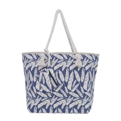 Afbeelding van Blauw veren grote strandtas palmbomen Schoudertas met ritssluiting Katoen