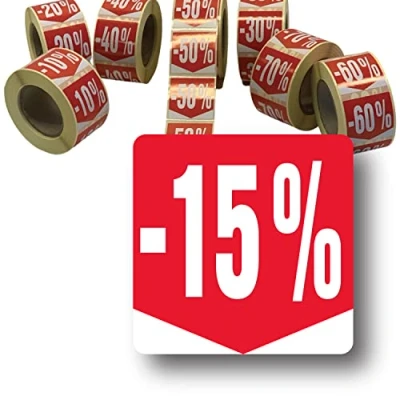 Afbeelding van Affichesstore 30281 rol met 500 zelfklevende etiketten, 15% vierkant formaat 35 x mm glanzend zelfklevend sticker korting percentage