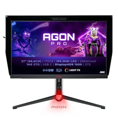 Image de AOC Gaming AG274QXM AGON4 Series écran LED jeux 27&quot; 2560 x 1440 QHD @ 170 Hz IPS 600 cd/m² 1000:1 DisplayHDR 1000 1 ms 2xHDMI DisplayPort USB C haut parleurs avant noir mat dos mat/rouge