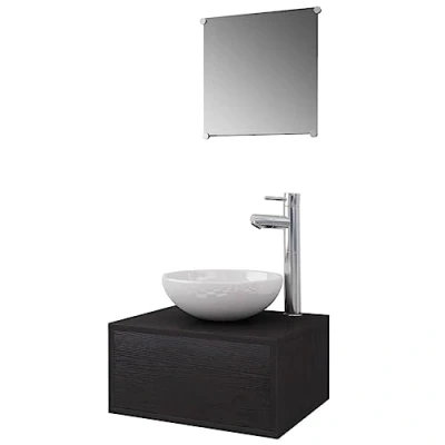 Image de vidaXL Meuble de salle bain 4 pcs avec lavabo et robinet Noir273685