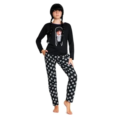 Afbeelding van Wednesday Pyjama voor meisjes, Addams, pyjamaset katoen, nachtkleding kinderen, jongeren, 7 16 jaar, Zwart.