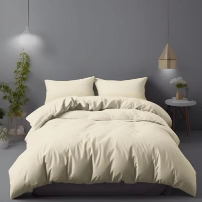 Afbeelding van LivinEase Beddengoed van geborsteld microvezel, 155 x 220 cm, 100 g/m², crèmekleurig, dekbedovertrek cm met 2 kussenslopen (80 80 cm), superzacht, duurzaam, hypoallergeen, eenvoudig