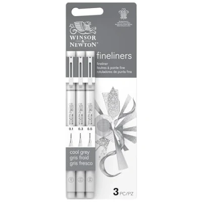 Afbeelding van Winsor &amp; Newton 0290108​ Pigment liner voor exacte lijnen en contouren, hoge kwaliteit, pigmentinkt, documentecht, licht, set van 3 fineliner in grijs