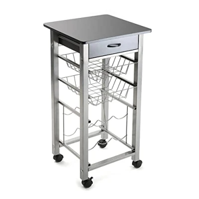 Afbeelding van Versa Leicester Keukenwagen met wieltjes, laden en flessenhouder, groentewagen voorraadkast organizer, keukenopslag, afmetingen (H x B B) 82 40 cm, hout metaal,