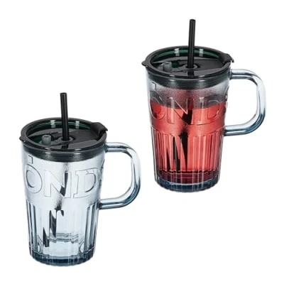 Afbeelding van Relaxdays drinkglazen met handvat set van 2 rietje en deksel limonadeglazen 450 ml grijs