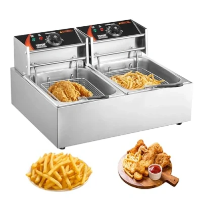 Afbeelding van VEVOR Commerciële elektrische friteuse, 24 l, 5000 W, 2 tanks, oliefriteuse, roestvrij staal, frituurmanden, deksel, instelbare temperatuur, 50 200 C, voor uienringen, kip, gebakken, snackrepen
