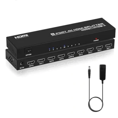Afbeelding van TCNEWCL 4K HDMI splitter 1 in 8 gelijktijdige uitgangen x audio video met voeding, ondersteunt 3D, HDCP, compatibel HDTV, Xbox, PS4, Blue Ray speler, projector