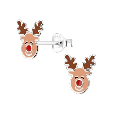 Afbeelding van Zilveren lachende rendier kinder oorstekers smiling reindeer oorknopjes kerst winter oorbellen Meisje Zilver Zilverana Sterling 925 Silver