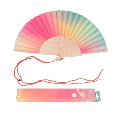 Afbeelding van Fisura Houten waaier met roze en groen kleurverloop. Modern kleurrijk accessoire, stijlvolle draagbare ventilator haak inbegrepen. Afmetingen: 42,5 x 23 cm