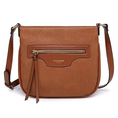 Afbeelding van David Jones Schoudertas voor dames met ritssluiting handtas gedragen op de schouder van PU leer meerdere vakken messenger draagtas zakken elegant, praktisch klassiek, Cognac