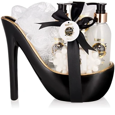 Afbeelding van BRUBAKER Cosmetics Danke Mama (Dank u Mama) 6 delige Luxe Beautyset met Roos Vanille Geur Cadeautip Vrouw Cadeau Idee Cadeauset in Keramische Pump Badset voor Moeder Zwart Wit
