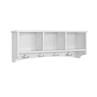Afbeelding van SoBuy Wandkapstok, wandhaak, opbergrek, entreekast met 3 vakken en 4 haken voor hal, entree, woonkamer, kantoor slaapkamer, wit, 60 x 15 23 cm (l d h), FRG48 W