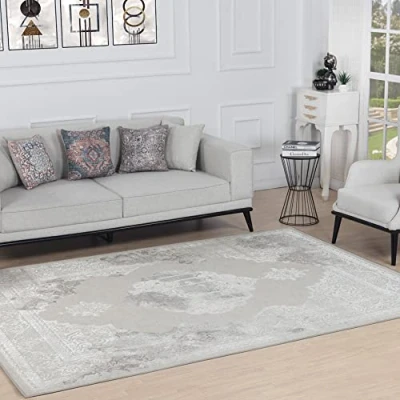 Afbeelding van SURYA Vloerkleed Woonkamer, Slaapkamer Vintage Oosters Tapijt AZRA Wit/Grijs 120x170 cm