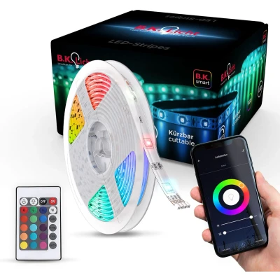 Afbeelding van B.K.Licht Smart LED Strip 5 meter dimbaar WiFi Lightstrip google home RGB wit en gekleurd licht siliconencoating met app ondersteuning zelfklevend incl. afstandsbediening