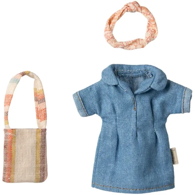 Afbeelding van Maileg poppenkleding moeder denim jurk en tas 15 cm