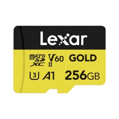 Afbeelding van Lexar GOLD 256 GB Micro SD kaart, microSDXC UHS II flash geheugenkaart, V60, U3, A1, C10, leesbaar tot 280 MB/s, voor drone/actiecamera/UHS gaming apparaat (LMSGOLD256G BNNNG)