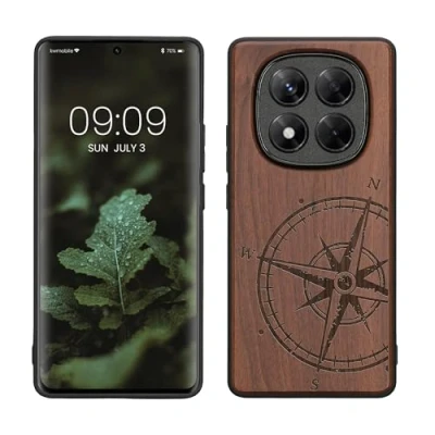 Afbeelding van kwmobile telefoonhoesje geschikt voorXiaomi Redmi Note 14 Pro 4G Hoesje met bumper walnoothout In donkerbruin Vintage Kompas design