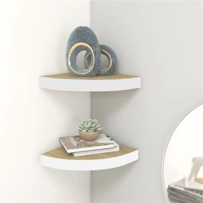 Afbeelding van Hoekwandschappen 2 st 25x25x3,8 cm MDF eikenkleurig en wit