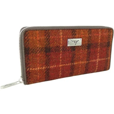 Afbeelding van Dames Portemonnee Staffa Roest Bruin Rood met Oranje Ruit Harris Tweed muntvak rits Glen Appin of Scotland