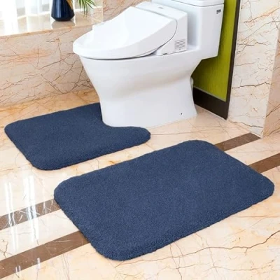 Afbeelding van Set van 2 Badkamermatten Antislip Verdikt Absorberende Douchemat en Vloermat Microvezel Badmat 50 x 80 cm + Toilet contourmat 60 (Marineblauw).