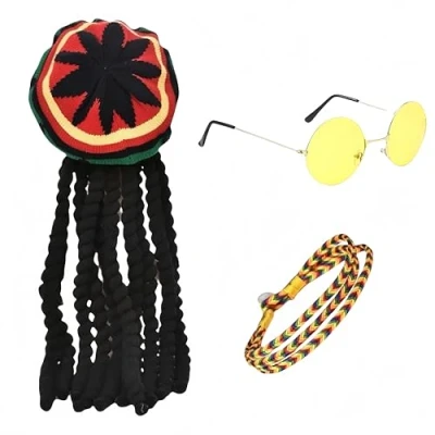 Afbeelding van SDXCJY Authentieke Jamaicaanse rasta set met dreadlock pruik, gele bril en gevlochten armband voor feestjes, cosplay gemaskerd bal (kleurrijk)