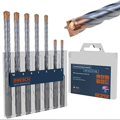 Afbeelding van Presch Set SDS plus Boren X4 7 delig voor Gewapend Beton met 4 Snijkanten en Pluglengte indicator Boorhamerboren Beton, Steen, Graniet, Dakpannen, Metselwerk Ø 5 10mm