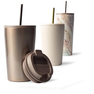 Afbeelding van MAMEIDO Thermosbeker met rietje, 470 ml, waterdichte koffiethermos, roestvrij staal, BPA vrije thermobeker, koffie (rozenkwarts, 0,47 l)